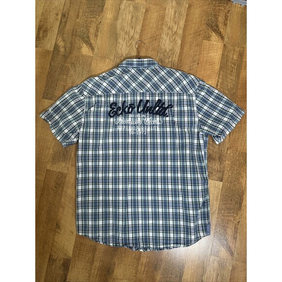 Ecko Unltd Mens XL Blue Plaid Short Sleeve Pearl‎ Snap Western Button Up Patches - Picture 14 of 14